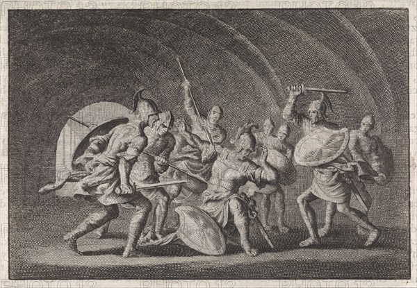 Antigonus, son of Hyrkanus, murdered in a vault by the bodyguard of his brother Aristobulus, Jan Luyken, Pieter Mortier, 1704