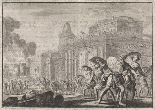 Palace of King Demetrius Nicanor in Antioch attacked by the population, Jan Luyken, Pieter Mortier, 1704