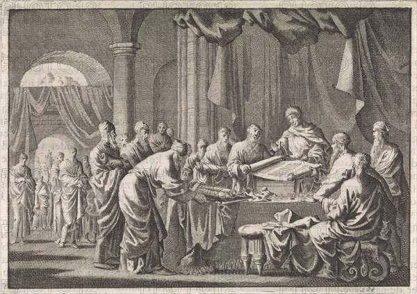 Meeting of the 72 translators of the law on the orders of King Ptolemy Philadelphus, Jan Luyken, Pieter Mortier, 1704