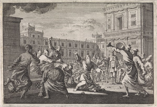 Stoning of Zacharias, Jan Luyken, Pieter Mortier, 1704