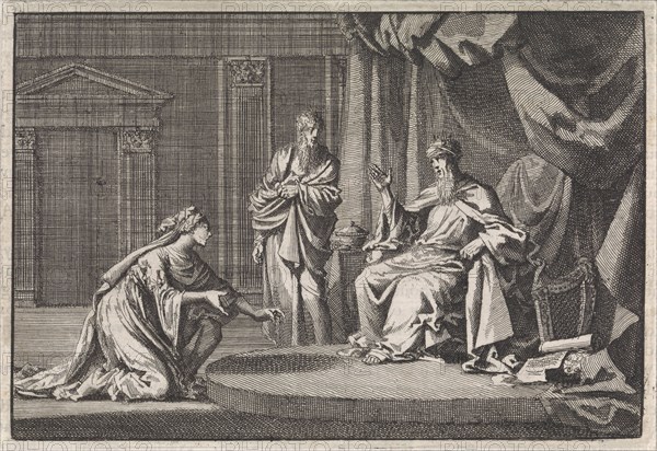 Bathsheba kneels for David, Jan Luyken, Pieter Mortier, 1704