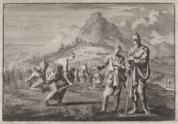 Boaz interrogates his supervisor about Ruth, Jan Luyken, Pieter Mortier, 1704