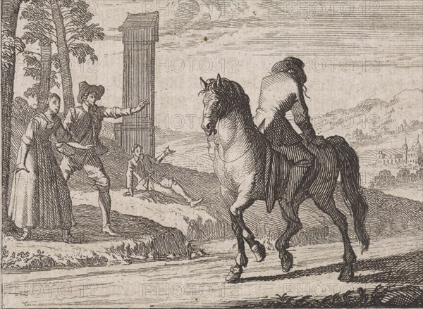 Nobleman who has gone insane sitting backwards on a horse, Caspar Luyken, Christoph Weigel, 1704