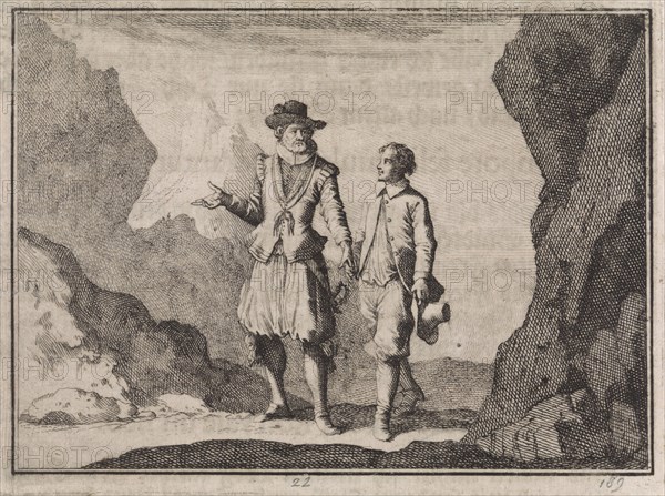 Emperor Maximilian and his guardian angel in a rocky landscape, print maker: Caspar Luyken, Christoph Weigel, 1704