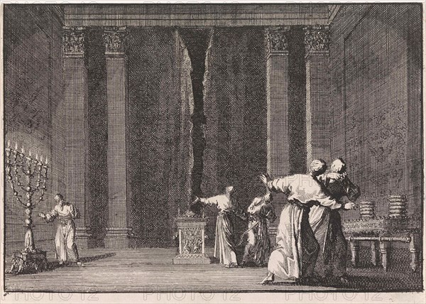 Rupture of the veil in the temple of Jerusalem, Jan Luyken, Pieter Mortier, 1703