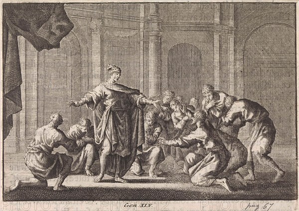 Joseph reveals himself to his brothers, Jan Luyken, Pieter Mortier, 1703-1762