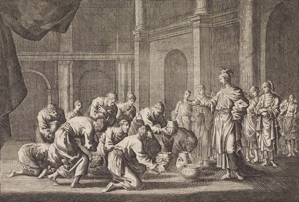 Joseph's brothers kneel before him, Jan Luyken, Pieter Mortier, 1703 - 1762