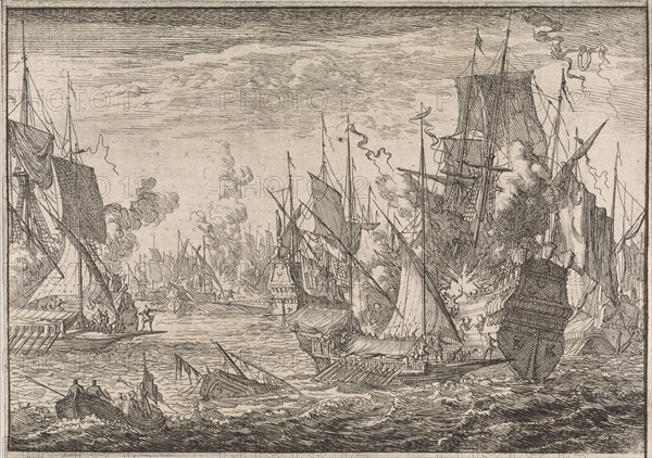 Sea battle between Turkish warships and galleys of the Knights of Malta, 1644, Johann David Zunnern, 1701