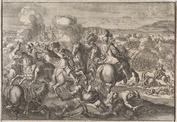 Death of King Gustavus Adolphus of Sweden at the Battle of Lutzen, southwest of Leipzig, Germany, 1632, Johann David Zunnern, 1701