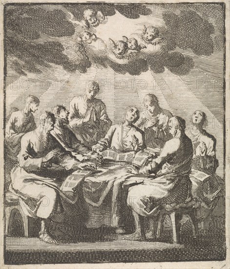 Eight men singing around a table, Jan Luyken, Jan Huygen, Jacobus van Hardenberg, 1700