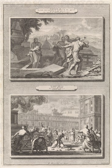 Elisha's bones make a deceased man come to life and the stoning of the prophet Zechariah, Jan Luyken, Andreas Reinhard (I), Pieter Mortier, 1700