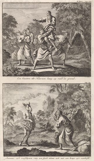 Saint Hilarion is lifted by a possessed man, and the Temptation of Saint Anthony, Jan Luyken, Jacobus van Hardenberg, Barent Visscher, 1701