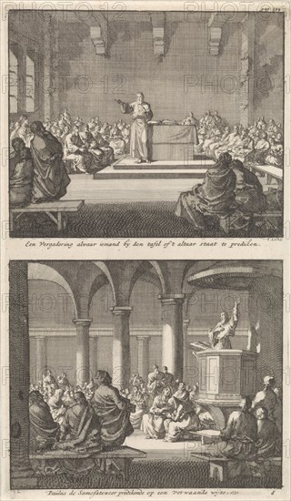 Sermon by a priest at an altar and Paul of Samosata preaching to the early Christian community, Jan Luyken, Barent Visscher, Jacobus van Hardenberg, 1700