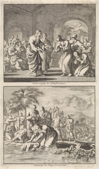 Catechesis of five believers and the baptism of new believers in a river, Jan Luyken, Jacobus van Hardenberg, Jacobus van Nieuweveen, 1700