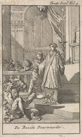 Priest with holy water brush before the possessed bailiff, Caspar Luyken, Jan Claesz ten Hoorn, 1699