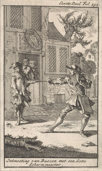 Don Pablo (Buscon) meet a fencing master, Caspar Luyken, Jan Claesz ten Hoorn, 1699