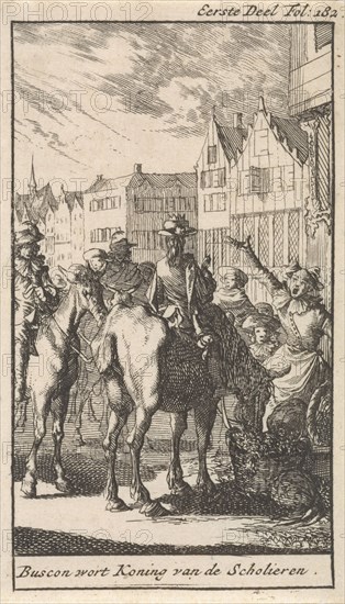 Don Pablo (Buscon) on a horse, Jan Luyken, 1681