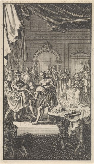 Transfer of the Spanish Netherlands by Philip II to Isabella Clara Eugenia, Infanta of Spain, 1597, Jan Luyken, 1699