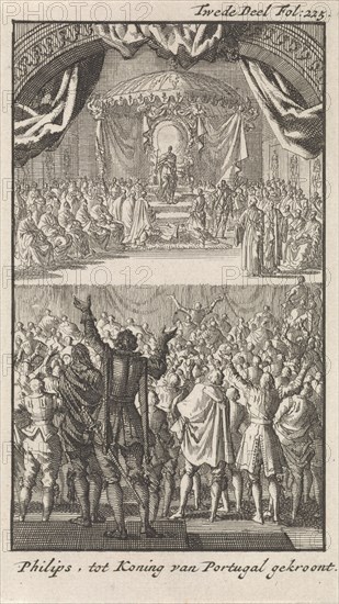 Philip II is crowned as king of Portugal, 1581, Jan Luyken, Engelbrecht Boucquet, 1699