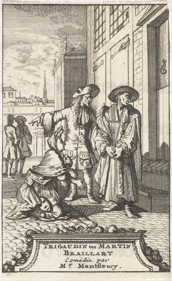 Lucie kneels for La Riviere who is dressed up as a spiritual, print maker: Caspar Luyken, Adriaan Braakman, 1698
