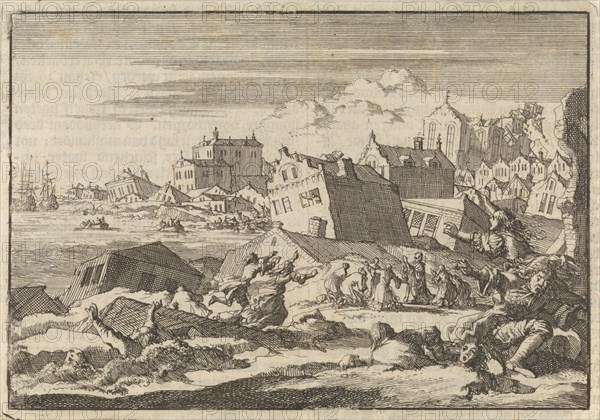 Earthquake in Jamaica where the city Port Royal is destroyed, 1615, Jan Luyken, Pieter van der Aa I, 1698