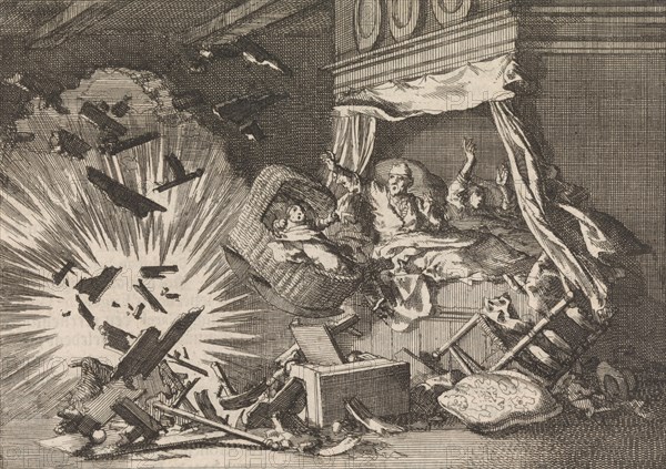 Explosion of a bomb in a house on the Ebbingestraat Groningen, The Netherlands 1672, Jan Luyken, Pieter van der Aa I, 1698