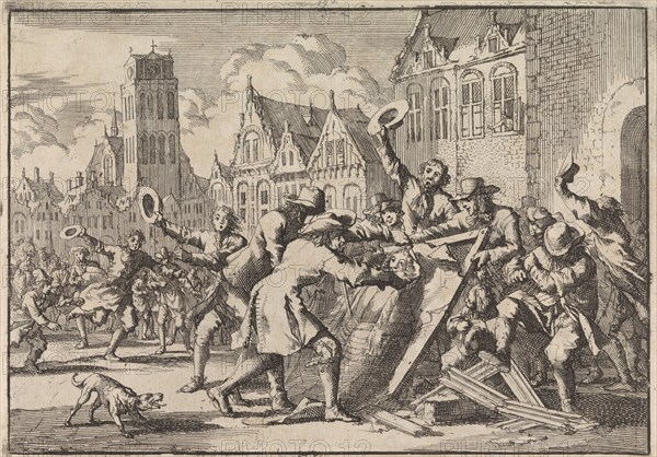 Riot in Dordrecht, The Netherlands, where an image of Cornelis de Witt is destroyed by the people, 1672, Jan Luyken, Pieter van der Aa I, 1698