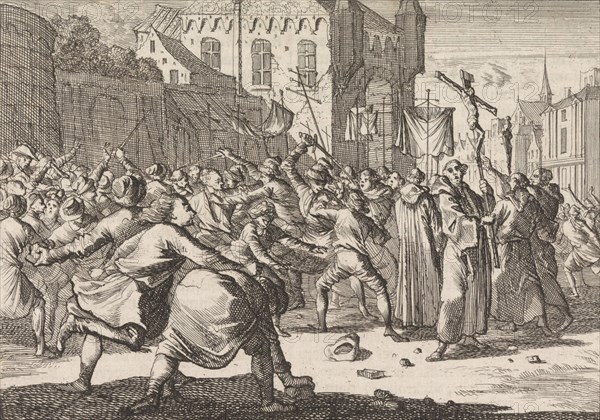 In Danzig a procession is greeted by people throwing stones, 1678, print maker: Caspar Luyken, Pieter van der Aa I, 1698