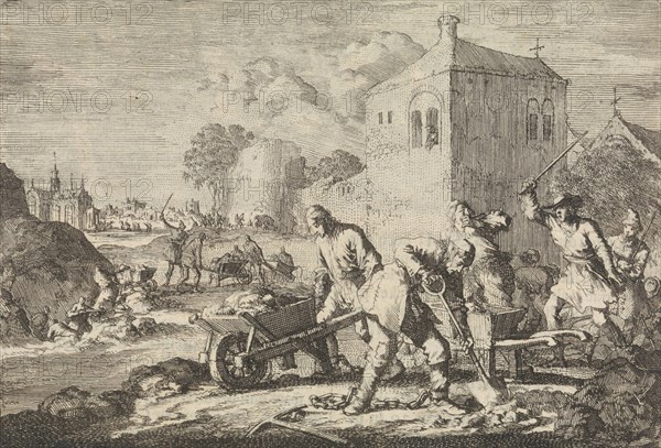 Reformed ministers in Hungary condemned to toil, 1674, print maker: Jan Luyken, Pieter van der Aa I, 1698