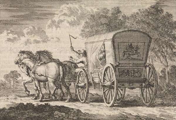 Catherine of Orliens abducted in The Hague by Johan Diederik de Mortaigne and taken by carriage to Kuilenburg (Culemborg), 1664, Jan Luyken, Pieter van der Aa I, 1698