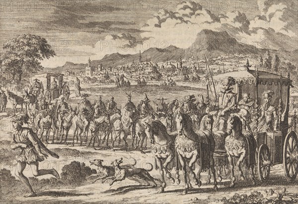 Don Pedro, regent of Portugal, goes from Lisbon to Alcantara after his marriage to Mary, Duchess of Aumale, and is chased by masked nobles, 1668, Jan Luyken, Pieter van der Aa (I), 1698