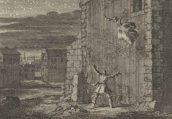 Countess of Aubigny escaped from her prison in London by jumping out of the window, 1643, Jan Luyken, Pieter van der Aa (I), 1698