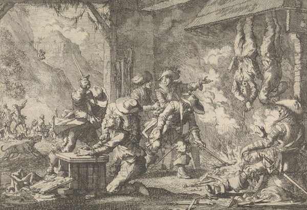 Atrocities of the French in the Principality of LiÃ¨ge Belgium, 1650, print maker: Jan Luyken, Pieter van der Aa I, 1698