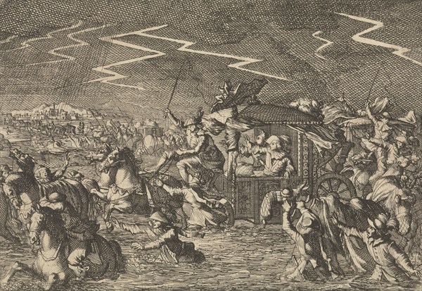 King Louis XIII caught up in floods and windstorms near Narbonne, France 1632, Caspar Luyken, Pieter van der Aa I, 1698