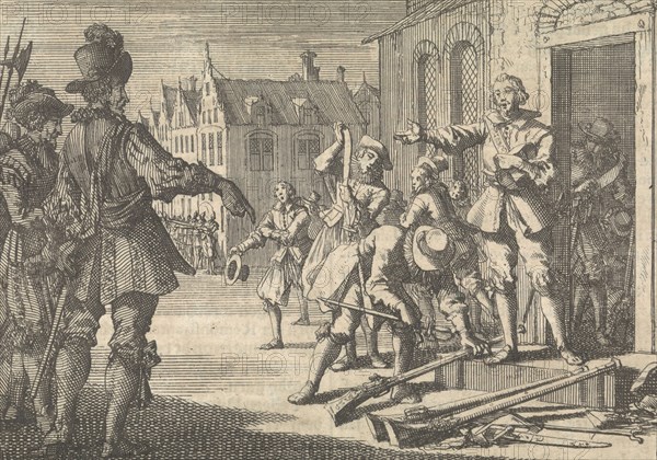 Prince Maurits on the Neude in Utrecht recommends the Waard Gelder to lay down their arms, 1618, Jan Luyken, Pieter van der Aa I, 1698