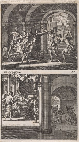 Antigonus is slain at the command of his brother Aristobulus, Death of the king Aristobulus, print maker: Jan Luyken, Barent Visscher, Andries van Damme, 1698