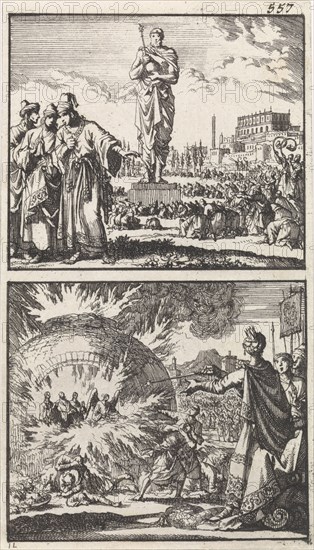 The idol of Nebuchadnezzar, Three young men in the fiery furnace, Jan Luyken, Barent Visscher, Andries van Damme, 1698