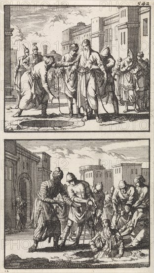 Jeremiah thrown into a pit, Jeremiah pulled out of the pit, Jan Luyken, Barent Visscher, Andries van Damme, 1698