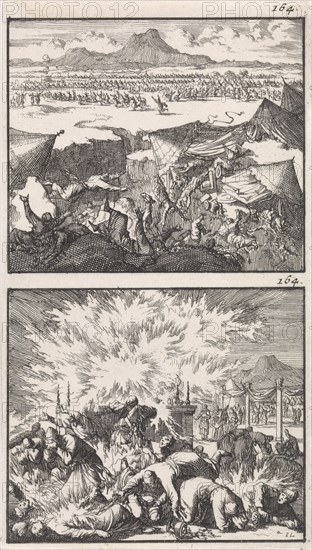 Dathan and Abiram and their families swallowed by the earth, Destruction of the tribe of Korah, Jan Luyken, Barent Visscher, Andries van Damme, 1698