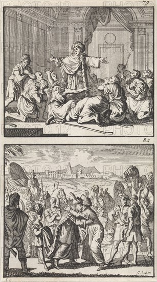 Joseph reveals himself to his brothers, Meeting of Jacob and Joseph, Caspar Luyken, Barent Visscher, Andries van Damme, 1698