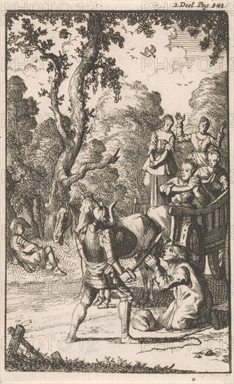 Don Clarazel attack a farmer who transports four women in his chariot, Caspar Luyken, Johannes Broersz, Nathanael Holbeex, 1697