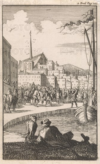 Upon leaving the ship Mussabelin, Don Clarazel is received by the Duke of Nevers, Caspar Luyken, Johannes Broersz, Nathanael Holbeex, 1697