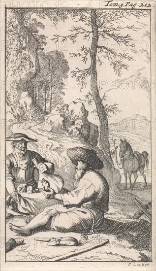 Don Quixote drinks wine with a hermit in a forest, Caspar Luyken, Pieter Mortier, 1696