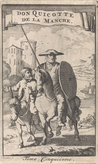 Don Quixote on horseback, Sancho next to him on a donkey, Caspar Luyken, Pieter Mortier, 1696