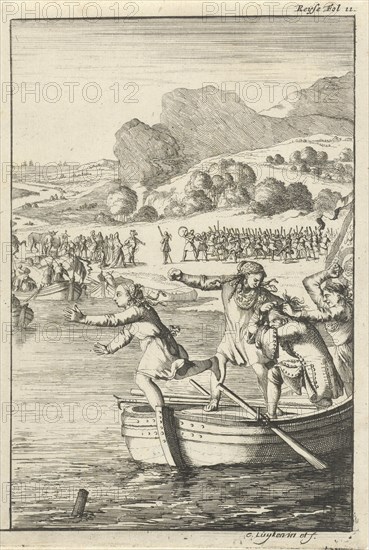 The cook of Marie-Catherine d'Aulnoy arguing on a rowing boat with some girls from Biscay, Caspar Luyken, 1696