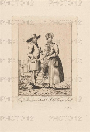 Man and woman in costume from Kampereiland, Carl Cristiaan Fuchs, Pieter van der Meulen, Harmanus Langerveld, 1802-1855