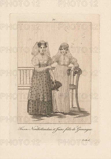 Two women in Frisian and Groningen costume, Carl Cristiaan Fuchs, Willem van Senus, Harmanus Langerveld, 1802-1855