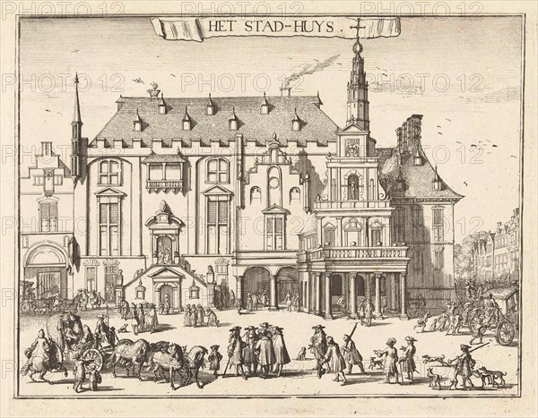 View of the city hall in Haarlem, The Netherlands, print maker: Romeyn de Hooghe, 1688 - 1689