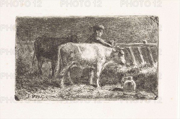 Farmer between two cows in a manger in a stable (small version), Jan Vrolijk, 1860 - 1894