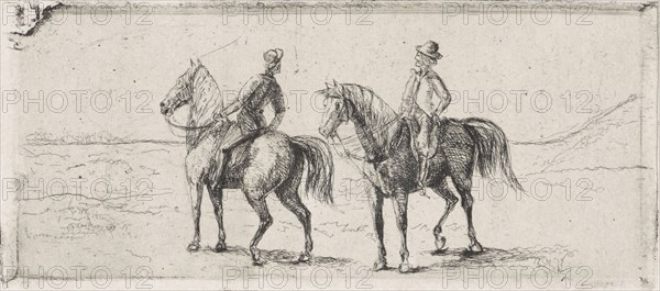 Landscape with two horsemen, print maker: Cornelis Albertus Johannes Schermer, 1839 - 1915